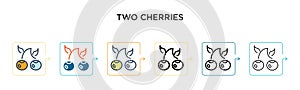 Two cherries vector icon in 6 different modern styles. Black, two colored two cherries icons designed in filled, outline, line and