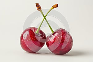 Two Cherries With Water Droplets A photo of two cherries adorned with water droplets, showcasing their natural beauty