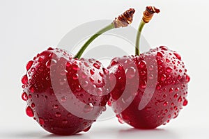 Two Cherries With Water Droplets Two ripe cherries adorned with glistening drops of water, capturing their natural freshness