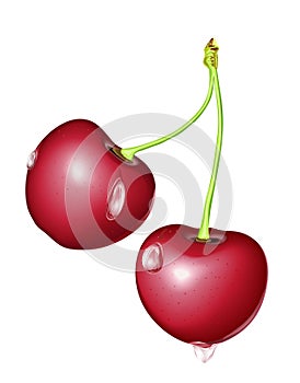 Two cherries with water drops.