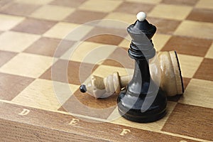 Two chess kings on wooden chess board. White figure lying defeated next to black winner