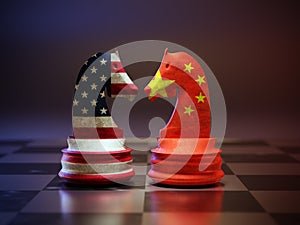 Two chess knights with American and Chinese  flags superimposed