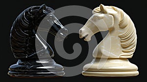 Two chess knights, white and black, made of stone. Horizontal format