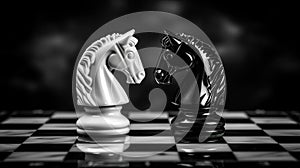 Two chess knights, white and black, stand on a chessboard. Horizontal format.