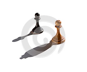 Two chess pawns one casting a king piece shadow