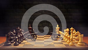 The two chess pieces are going to war. They both use cannons as their weapons on a chessboard with a brick wall background.