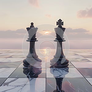two chess pieces on a marble chess board at sunset time