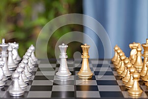 Two chess pieces and two queen chess pieces facing each other in close quarters on the chess board