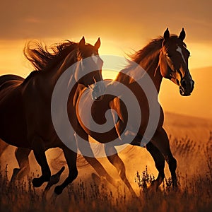 Two chestnut horses galloping in a sunlit field at sunset. Generative Ai