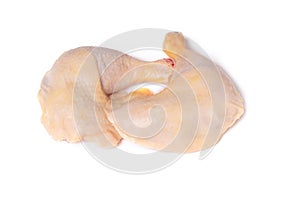 Two chicken legs isolated on a white background, top view