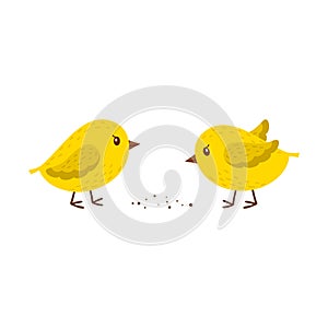 Two chickens peck at the grain. Simple yellow little birds. A symbol of spring, Easter, and farming. Children`s, cartoon