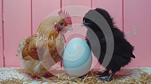 Two chickens standing next to each other near a blue egg, AI