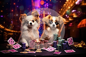 Two chihuahua dogs playing cards and chips on a casino table, Tibetan Spaniel puppies playing poker in vegas. All colorful