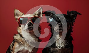 Two chihuahua dogs in sunglasses on a red background