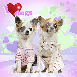 Two Chihuahuas dressed up on heart background