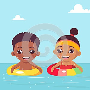 Two Child Boy Together Swimming with Inflatable Ring in Water for Pool Party on Summer