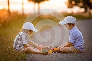 Two children, boy brothers, having fun outdoors with toy cars