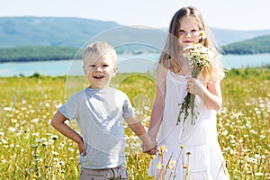 Two children boy and girl at camomile field