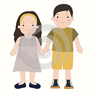 two children boy and girl holding hands cute illustration