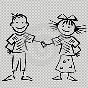 Two children, boy and girl, transparent background, eps.
