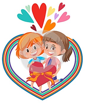 Two children cartoon in rainbow heart shape