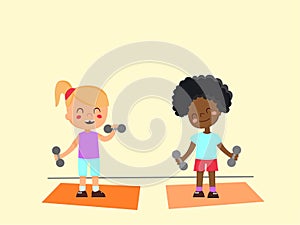 Two children of different skin colours play sports in their hands holding dumbbells