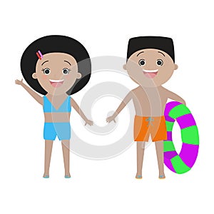 Two children dressed in beach isolated on white background.