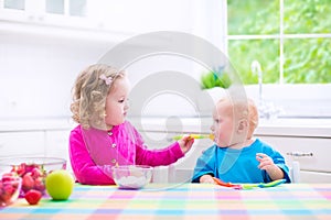 Two children eating yoghurt
