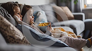 Two children engrossed in watching TV, snuggled under blankets with a bowl of snacks on a cozy sofa photo