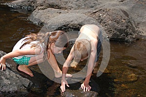 Two children exploring nature in the brook