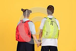 Two children, a girl and a boy, are standing with their backs to the camera