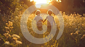Two children holding hands walking through a field of tall grass, AI
