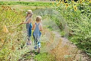 Two children with a insect net catches butterfly