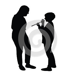 Two children making chat black color silhouette vector