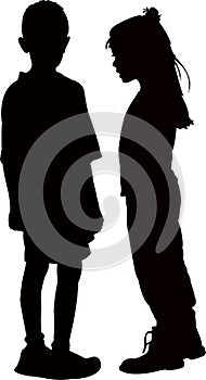 Two children making chat, playing together, silhouette vector
