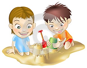 Two children playing in the sand