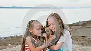 Two children playing which dogs on the sand on the beach.