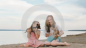 Two children playing which dogs on the sand on the beach.