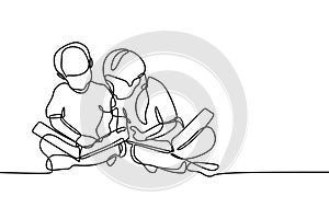 Two children read book continuous line drawing vector illustration minimalism style photo