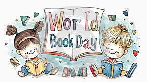 Two children reading books, with World Book Day spelled out in a whimsical style.
