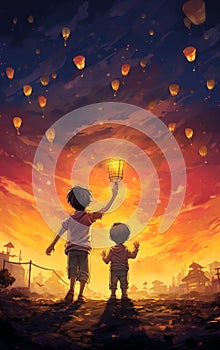 two children releasing a lantern into a sky filled with floating lanterns at sunset photo