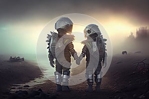 Two children robots of the future in the wasteland and holding hands. Postapocalypse generative AI photo