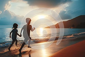Two children running on beach at sunset