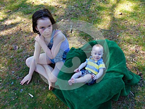 Two Children Sitting Outdoors In Spring