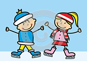 Two children skating, boy and girl, ice rink, eps.