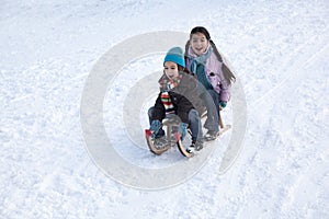 Two children on a sled having fun