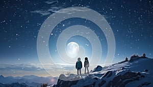 two children standing in the snow watching the moon from the cliff