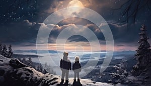 two children standing in the snow watching the moon from the cliff