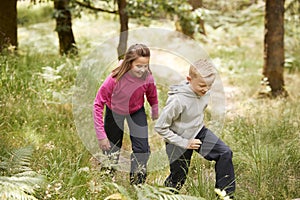 Two children walking together in a forest amongst greenery, three quarter length, side view photo