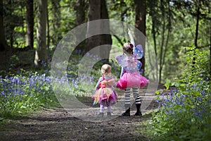 Two children in a wood filled with spring bluebells